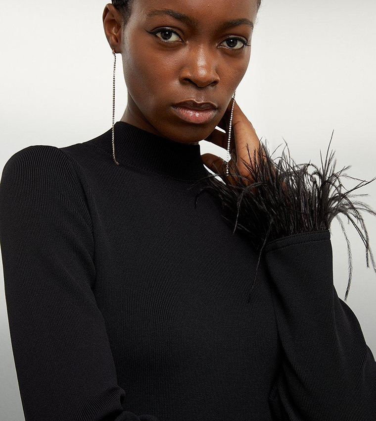 Viscose Blend Feather Detail Knit Mini Dress