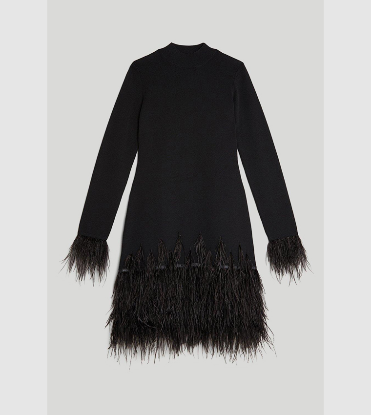 Viscose Blend Feather Detail Knit Mini Dress