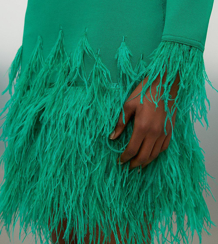 karen millen green feather dress KAREN MILLEN Petite Feather Trim Knit Fitted Mini Dress