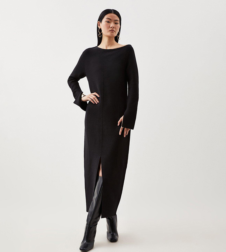 Buy Karen Millen Compact Knit Wool Look Drop Shoulder Midi Dress In Black