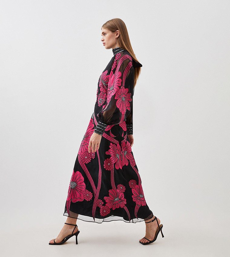 Buy Karen Millen Applique Organdie Floral Graphic Woven Maxi Dress In ...