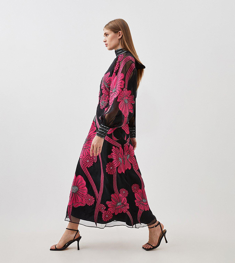 floral applique organdie woven maxi dress Navy Tall Floral Applique Organdie Woven Maxi Dress