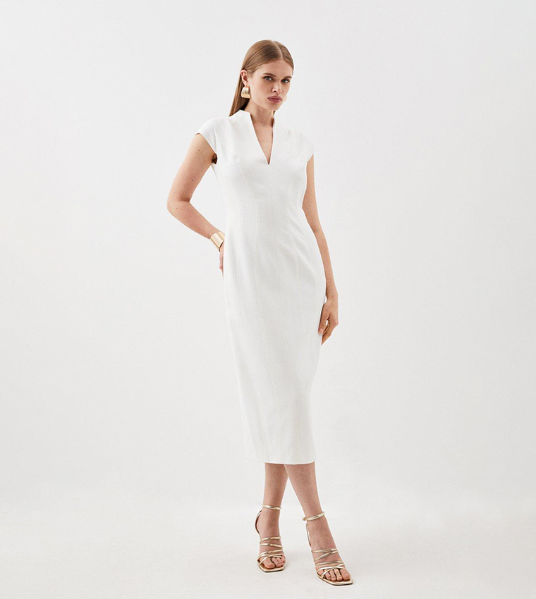 Buy Karen Millen Structured Crepe Seam Detail High Neck Pencil Midi Dress In Ivory 6thStreet Kuwait