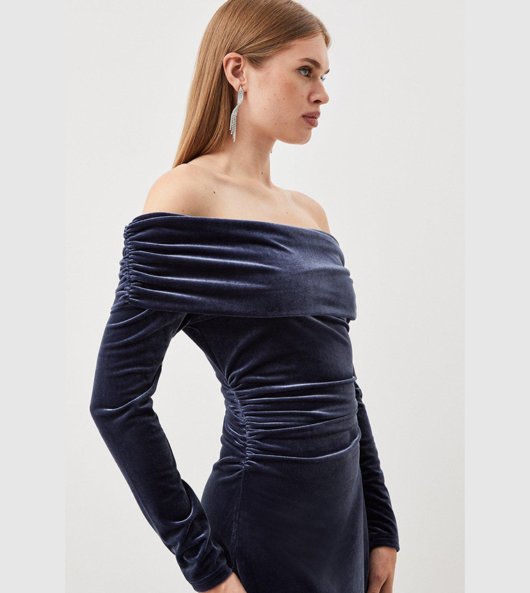 Buy Karen Millen Outlet Velvet Jersey Off Shoulder Maxi Dress In Blue |  6thstreet Saudi Arabia