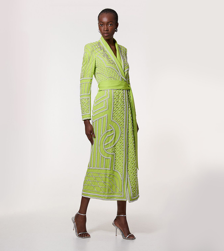 Crystal Embellished Woven Maxi Blazer Dress
