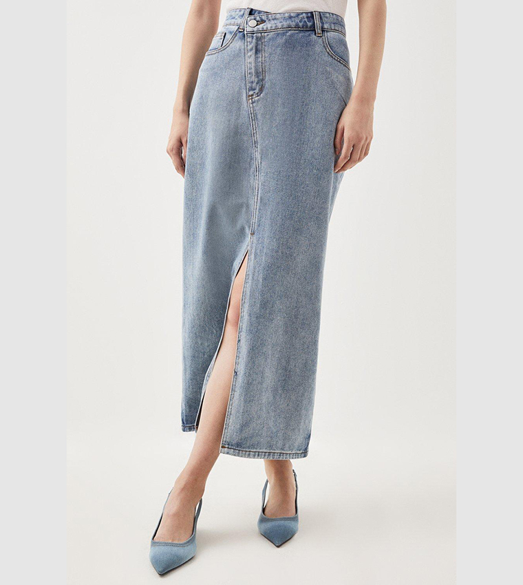 Buy Karen Millen Denim Asymmetric Waistband Detail Maxi Skirt In Blue ...