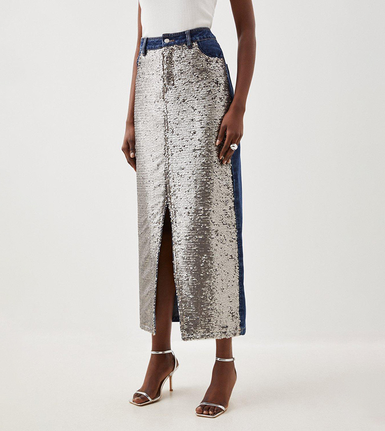 Buy Karen Millen Denim & Sequin Maxi Skirt In Blue | 6thStreet UAE