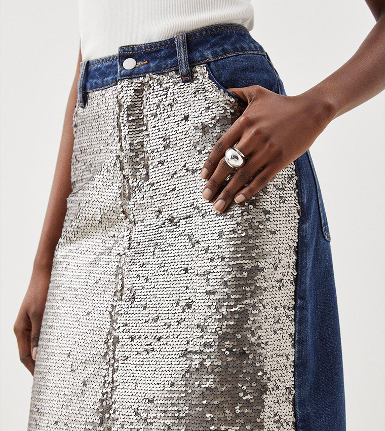Buy Karen Millen Denim & Sequin Maxi Skirt In Blue | 6thStreet UAE