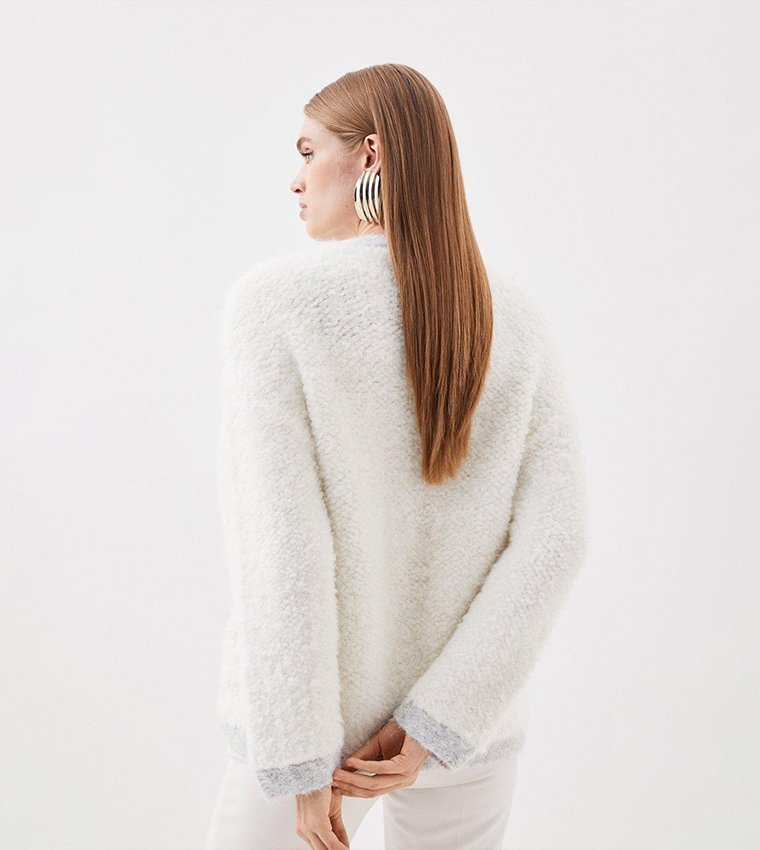 KAREN MILLEN Wool Blend Loopy Textured Knit Jacket in Ivory
