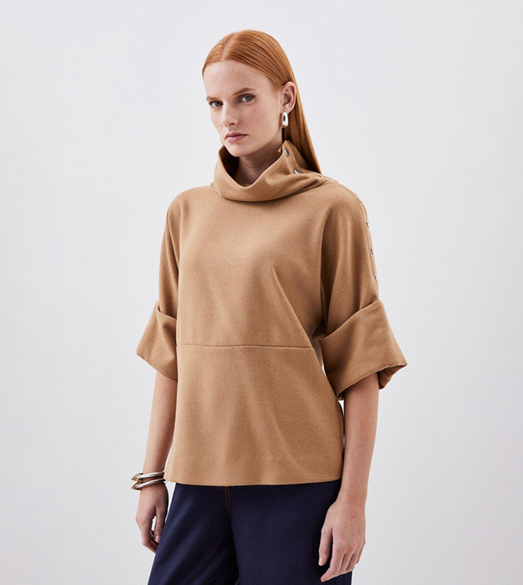 Buy Karen Millen Tailored Splittable Wool Blend Mock Neck Top In Camel