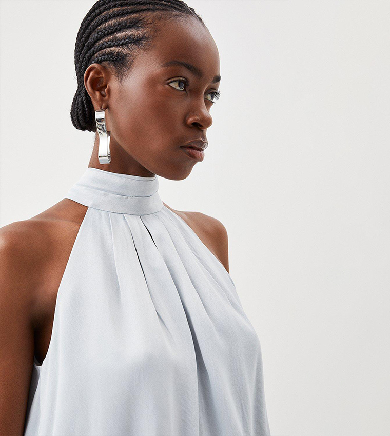 Buy Karen Millen Viscose Satin Woven Halter Neck Top In Blue