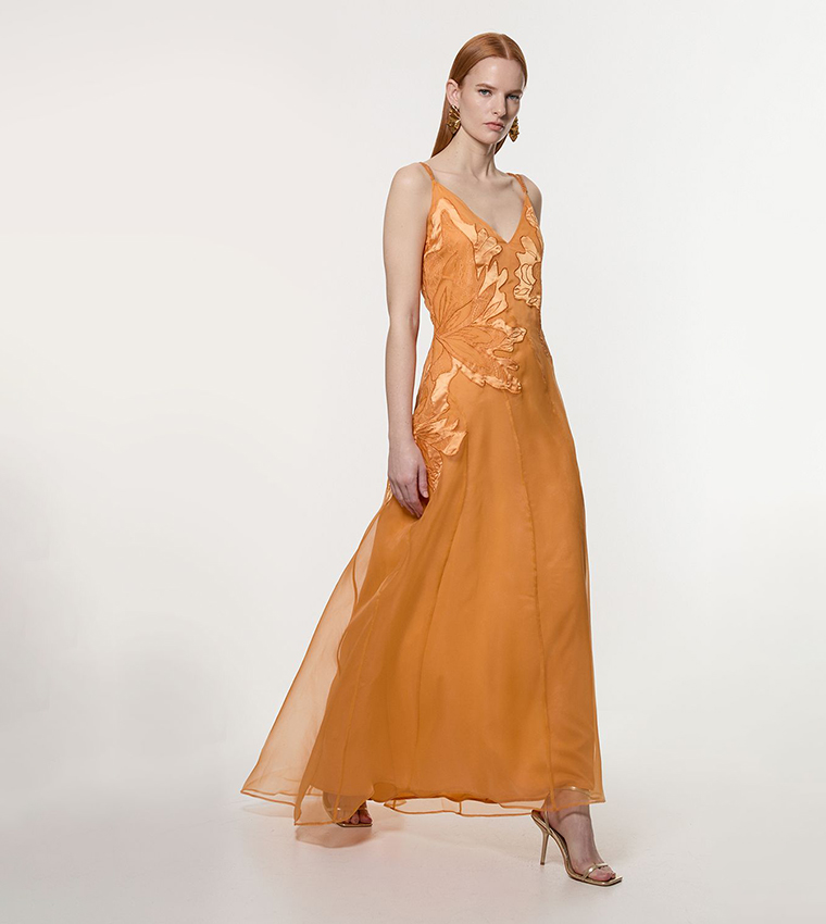 Satin Applique Woven Maxi Dress