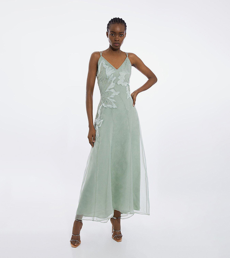 Floral Applique Pretty Little Thing Green Maxi Dress Shirred 3d