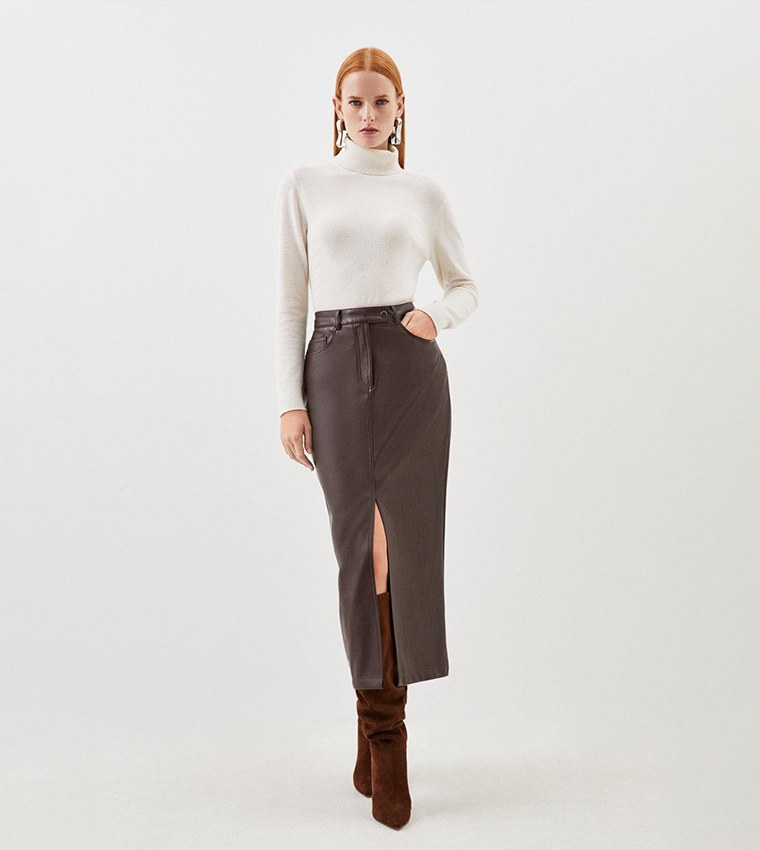 Buy Karen Millen Faux Leather Pencil Maxi Skirt In CHOCOLATE
