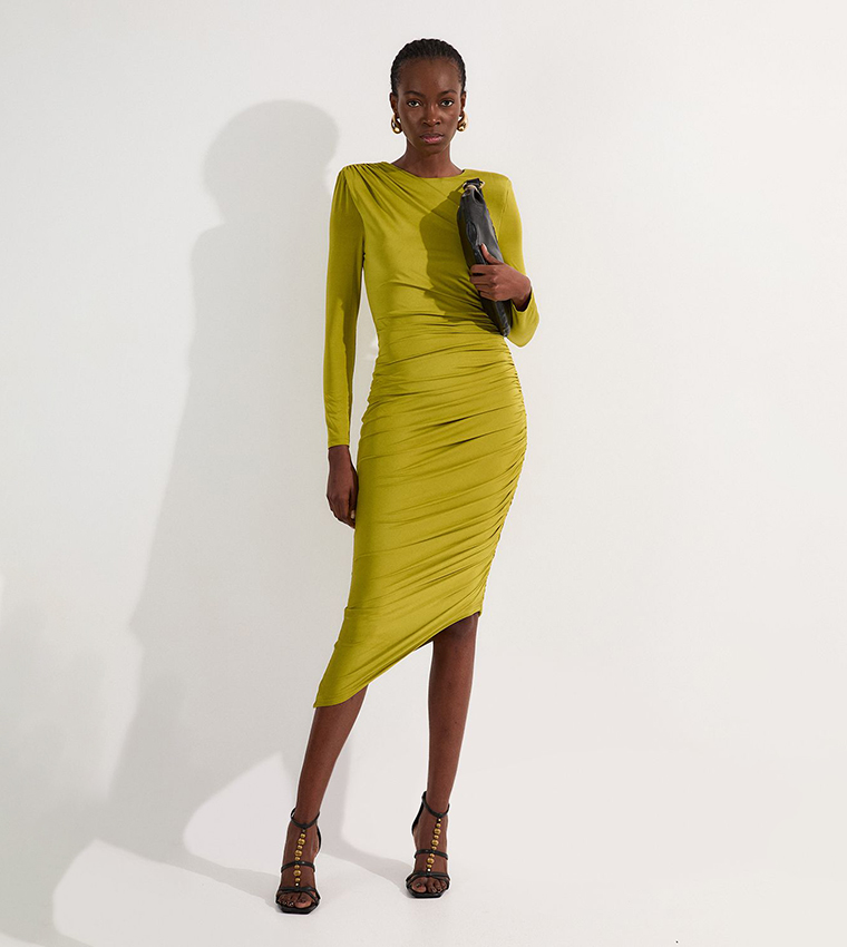 Buy Karen Millen Jersey Crepe Ruched Long Sleeves Maxi Dress In Green |  6thstreet Qatar