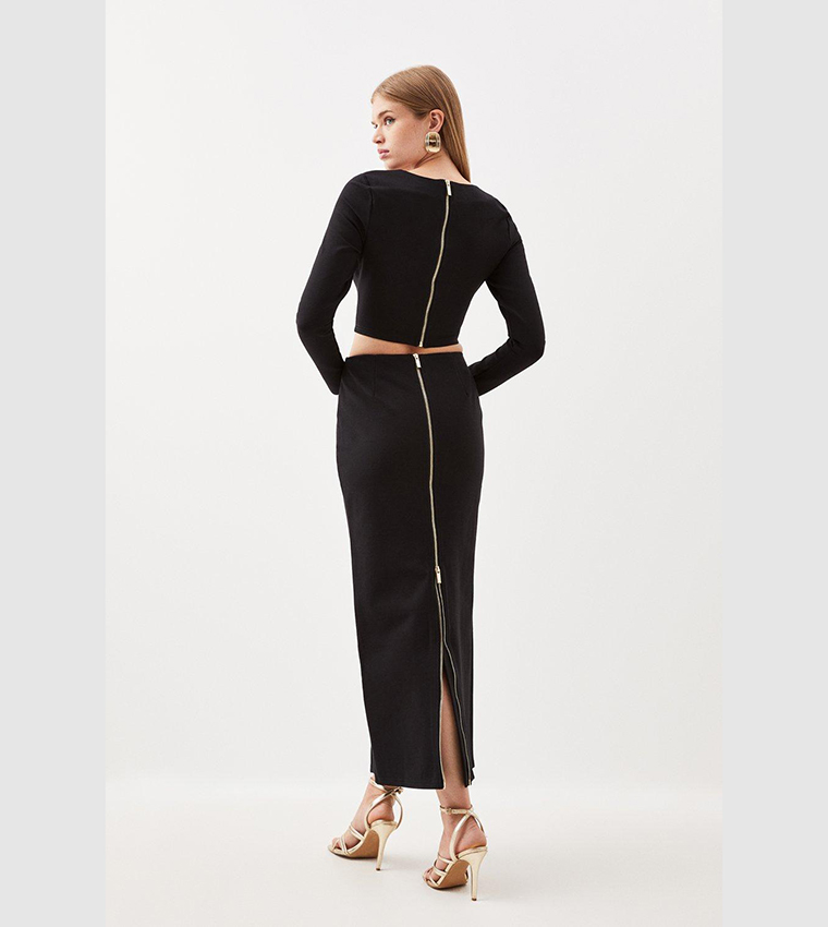 Ponte Long Sleeve Crop Top And Split Front Skirt Jersey Set | Karen Millen