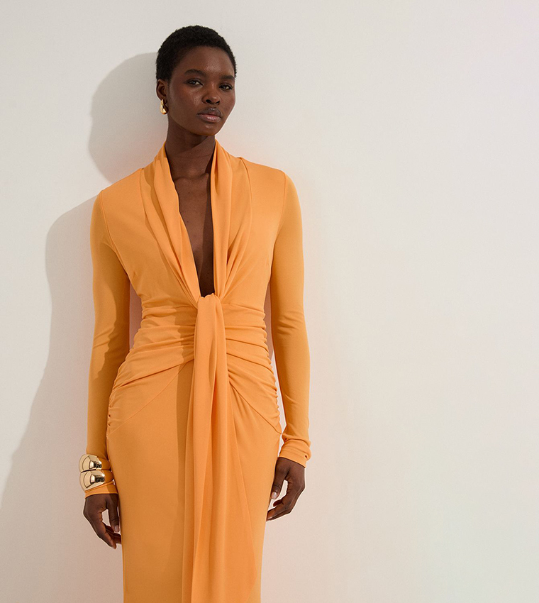 Premium Stretch Crepe Jersey Plunge Neck Maxi Dress