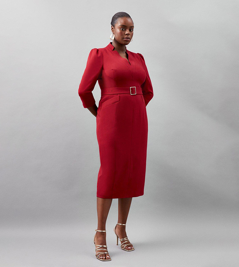 Buy Karen Millen Structured Crepe Forever Belted Pencil Midi Dress In Red 6thStreet Oman