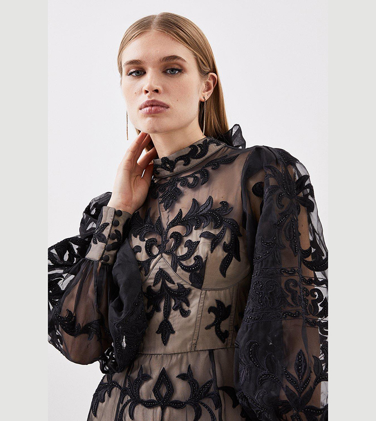 Buy Karen Millen Baroque Applique Woven Maxi Dress In Black | 6thStreet UAE