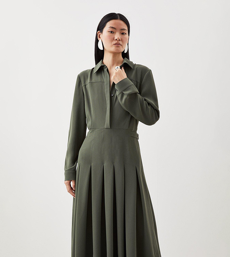 Buy Karen Millen Tailored Crepe Pleated Midi Shirt Dress In Khaki 6thStreet UAE