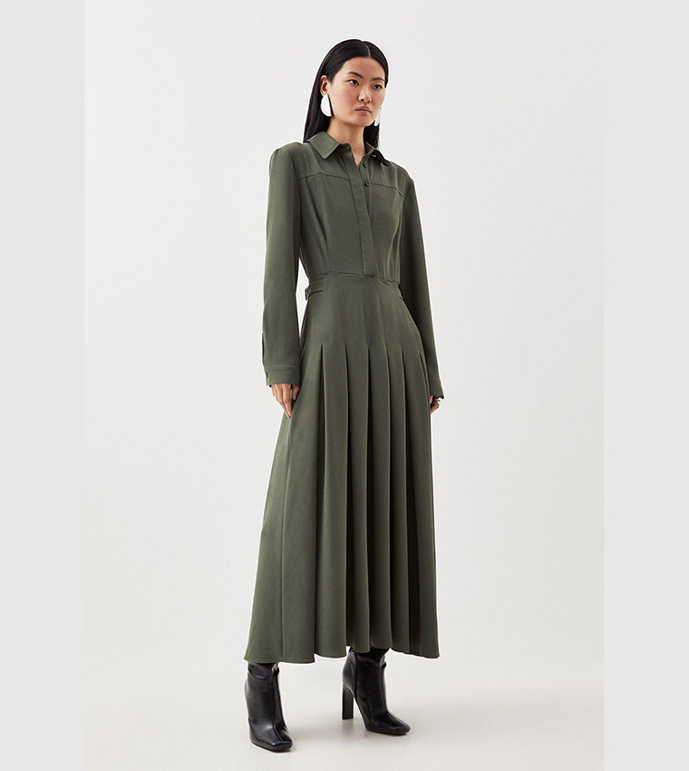 Tailored Crepe Pleated Midi Shirt Dress