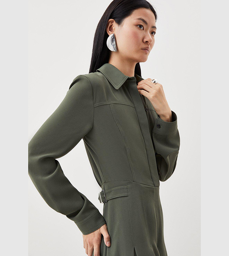 Tailored Crepe Pleated Midi Shirt Dress