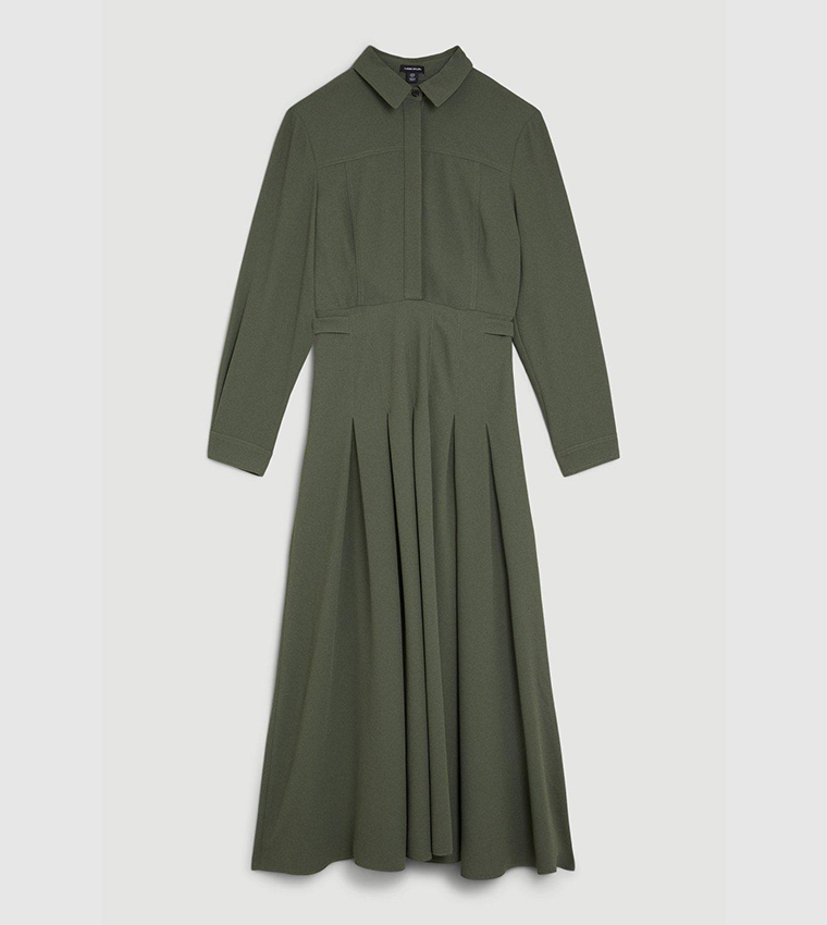 Tailored Crepe Pleated Midi Shirt Dress