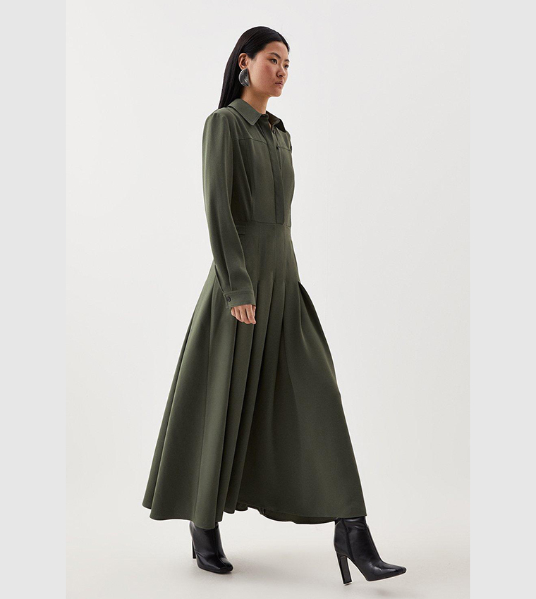 Tailored Crepe Pleated Midi Shirt Dress