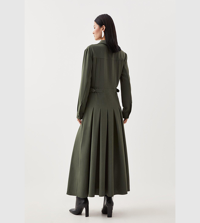 Tailored Crepe Pleated Midi Shirt Dress