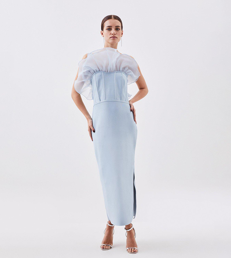 Petite Bandage Figure Form Knit Organza Frill Midaxi Dress