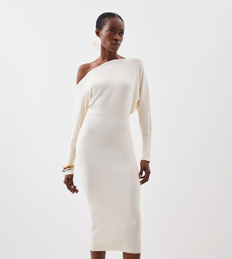 Buy Karen Millen Viscose Blend Knit Asymmetric Neck Midi Dress In White 6thStreet Bahrain