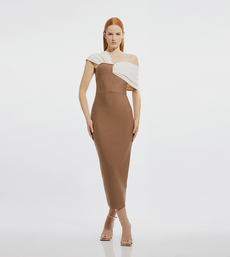 Buy Karen Millen Figure Form Bandage Asymmetric Strap Knit Midi Dress In  Taupe | 6thStreet Kuwait