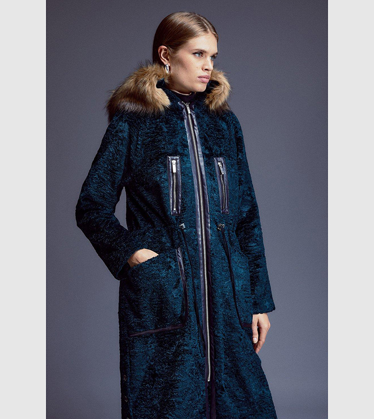 Buy Karen Millen Signature Pony Skin Hooded Parka Coat In Teal 6thStreet UAE