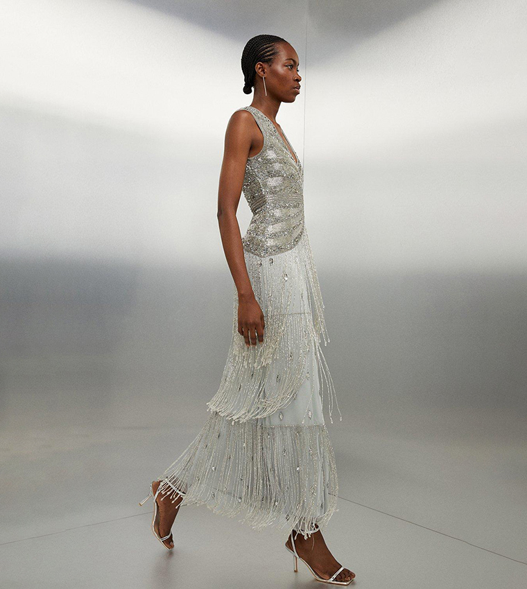 Buy Karen Millen Embellished Beaded Woven Maxi Dress In Silver | 6thstreet  Bahrain