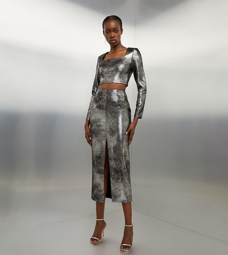 Buy Karen Millen Metallic Ponte Top And Skirt Set In Pewter