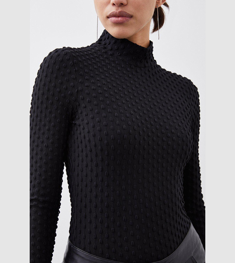 Buy Karen Millen Premium Textured Jersey Roll Neck Top In Black
