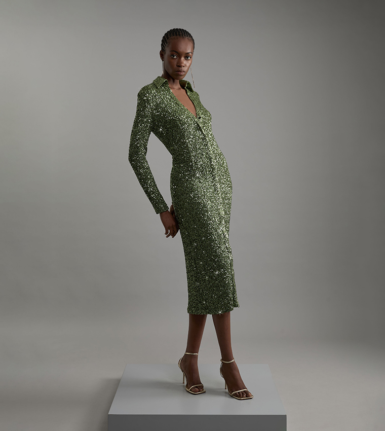Stretch Sequin Collar Plunge Midi Dress