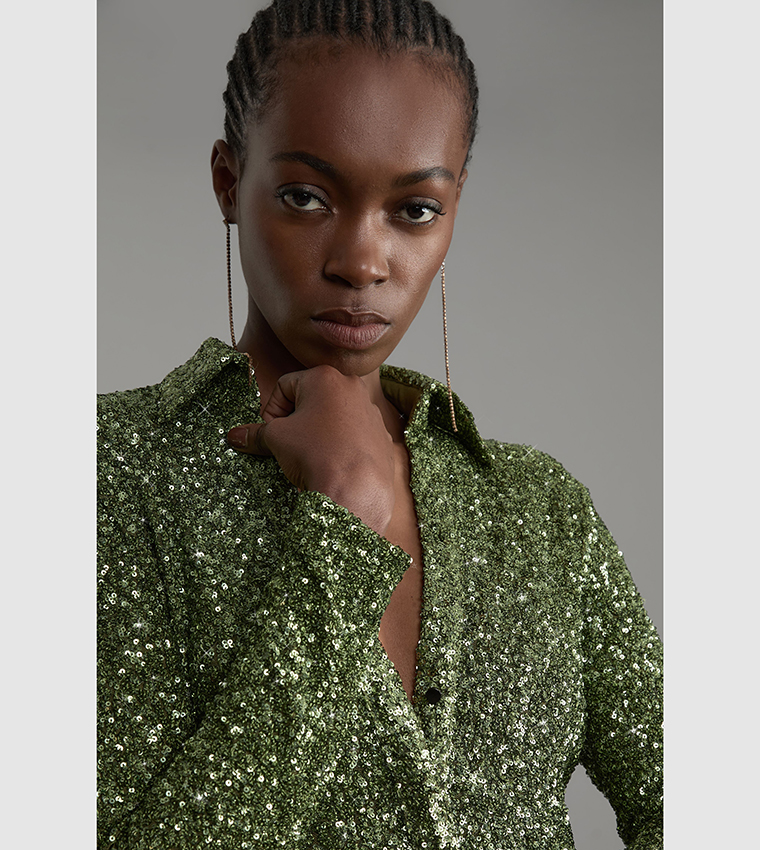 Stretch Sequin Collar Plunge Midi Dress