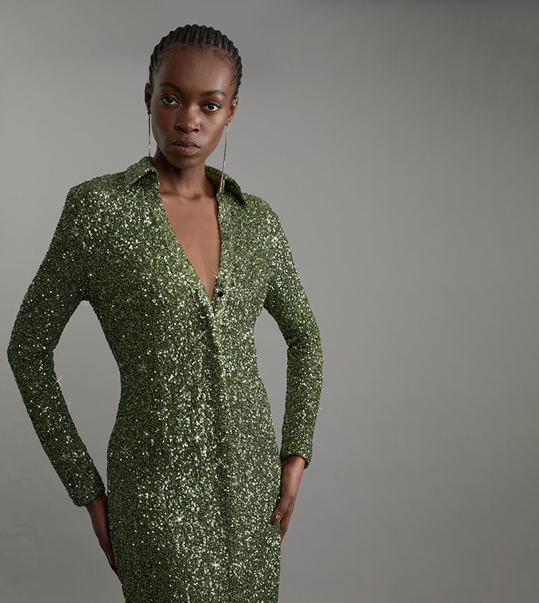 Stretch Sequin Collar Plunge Midi Dress