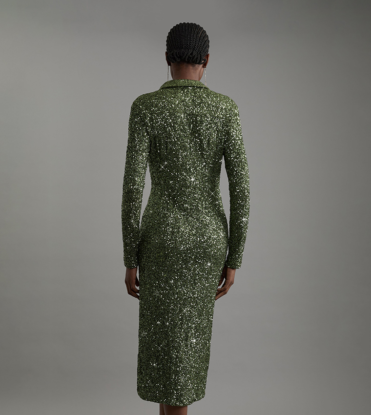 Stretch Sequin Collar Plunge Midi Dress