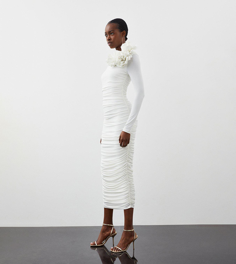 Buy Karen Millen Long Sleeves Draped Ruched Jersey Rosette Midi Dress In  White