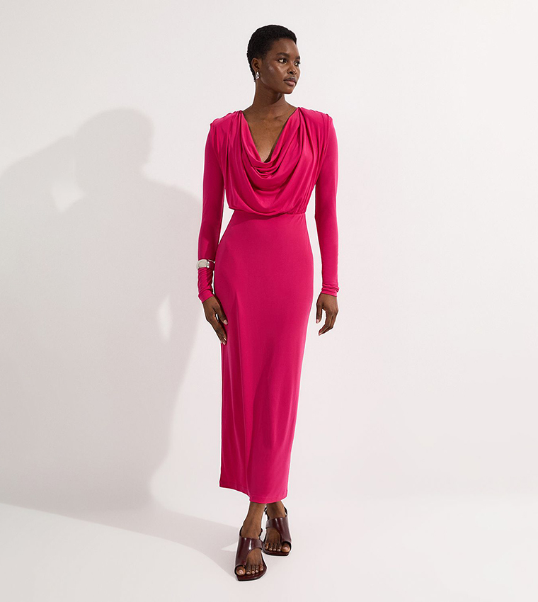 Jersey Crepe Midi Cowl Neck Dress