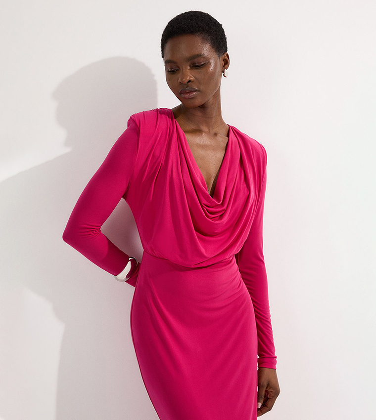 Jersey Crepe Midi Cowl Neck Dress
