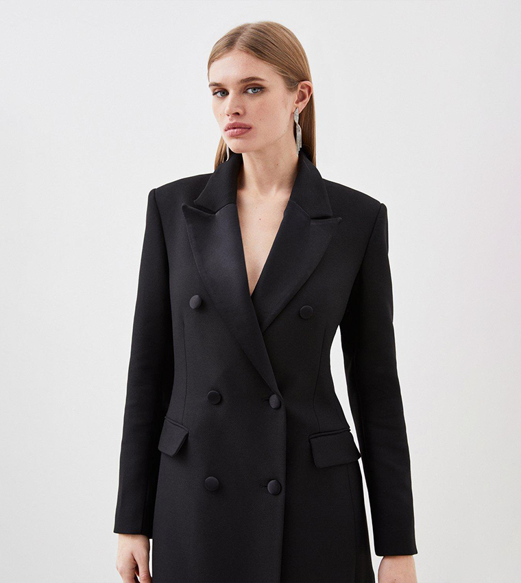 Buy Karen Millen Contrast Satin Double Breasted Coat In Black