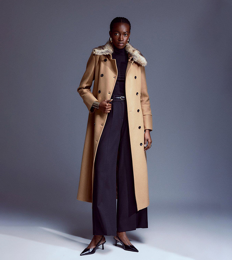 Tailored Wool Blend High Neck Belted Maxi Coat