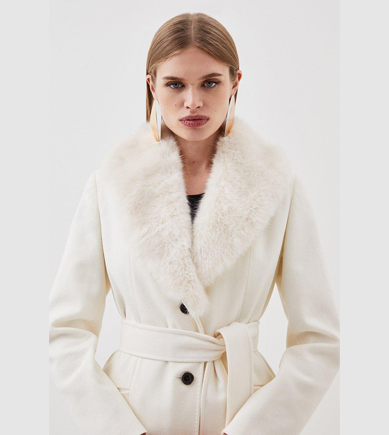 Buy Karen Millen Italian Wool Blend Faux Fur Collar Belted Coat In ...