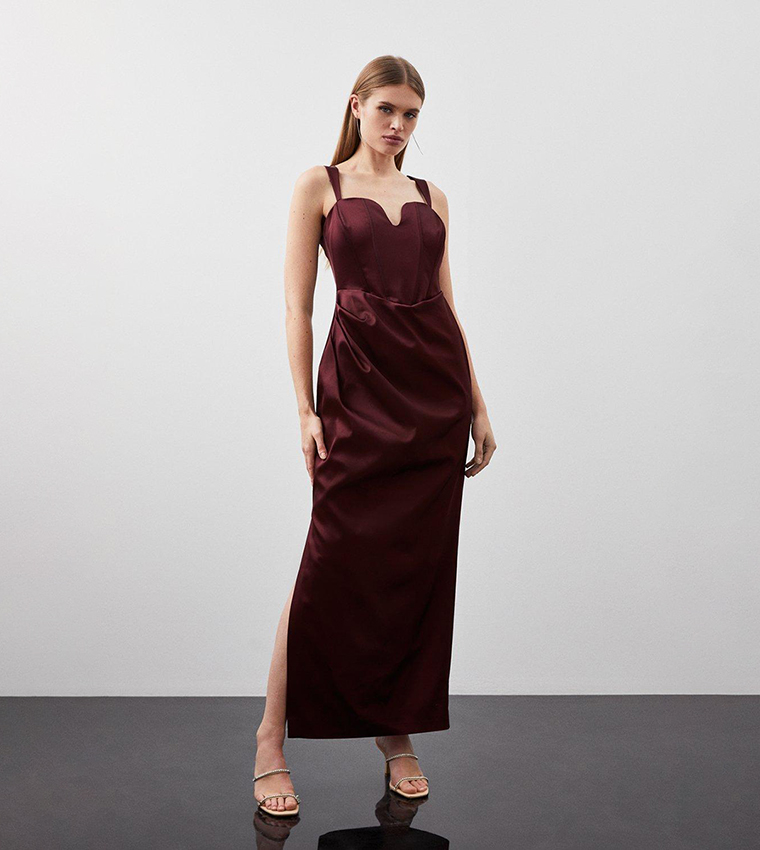 karen millen red corset dress Red Soft Tailored Waist Drape Corset Maxi Dress