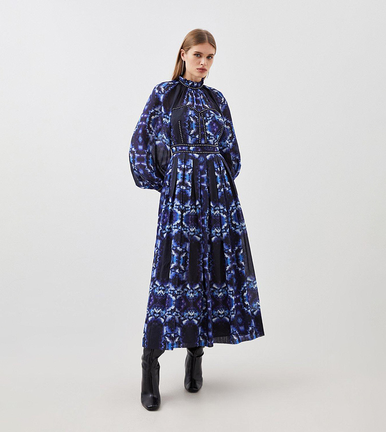 Silk Cotton Border Print Woven Midi Dress