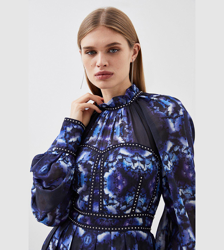 Silk Cotton Border Print Woven Midi Dress