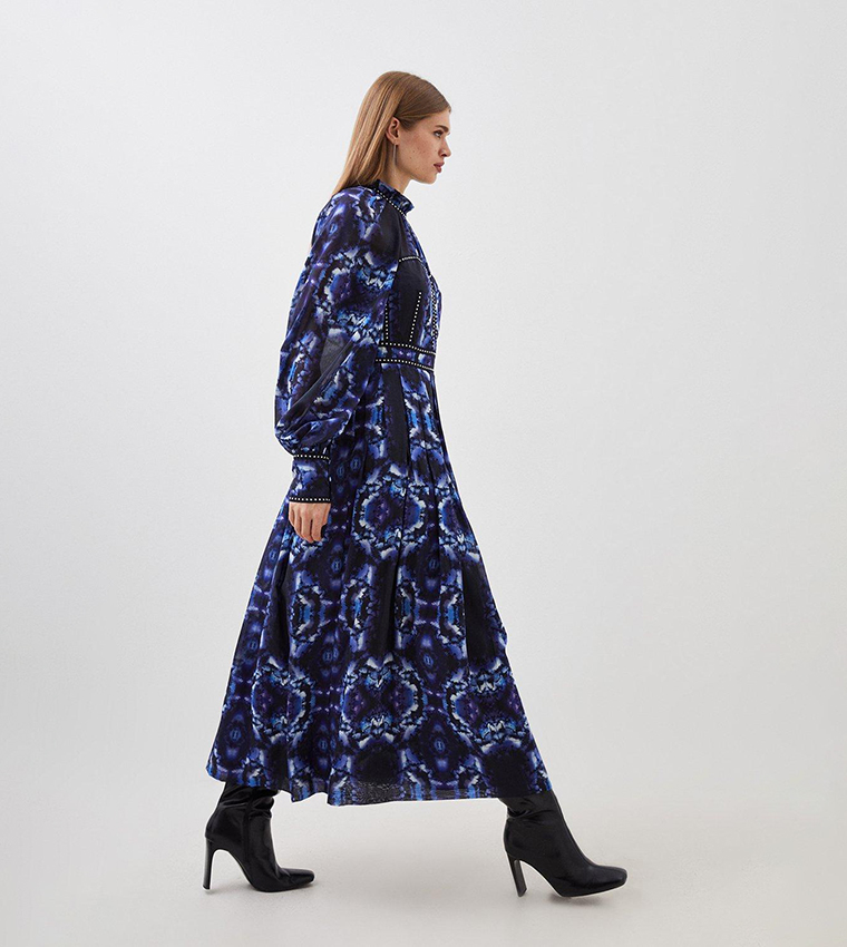 Silk Cotton Border Print Woven Midi Dress